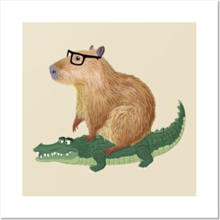 Funny Capybara Riding On a Crocodile Posters and Art